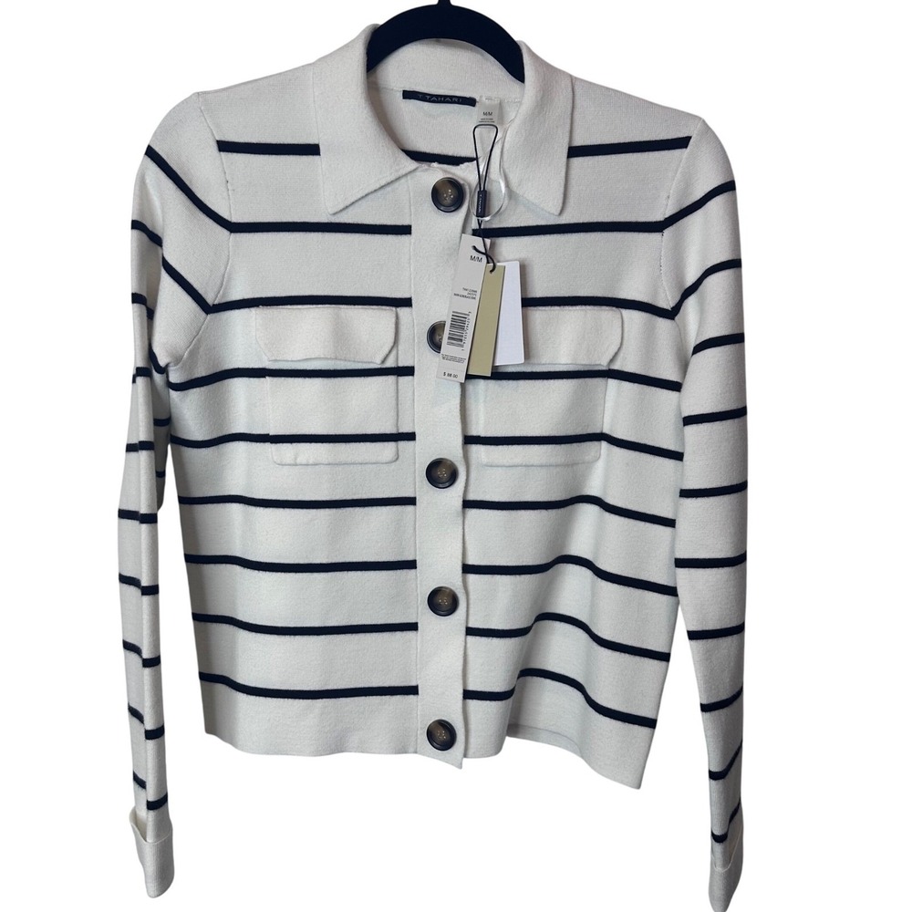 NEW Tahari Women Striped Collared Button Up Sweater Medium White Navy Pockets